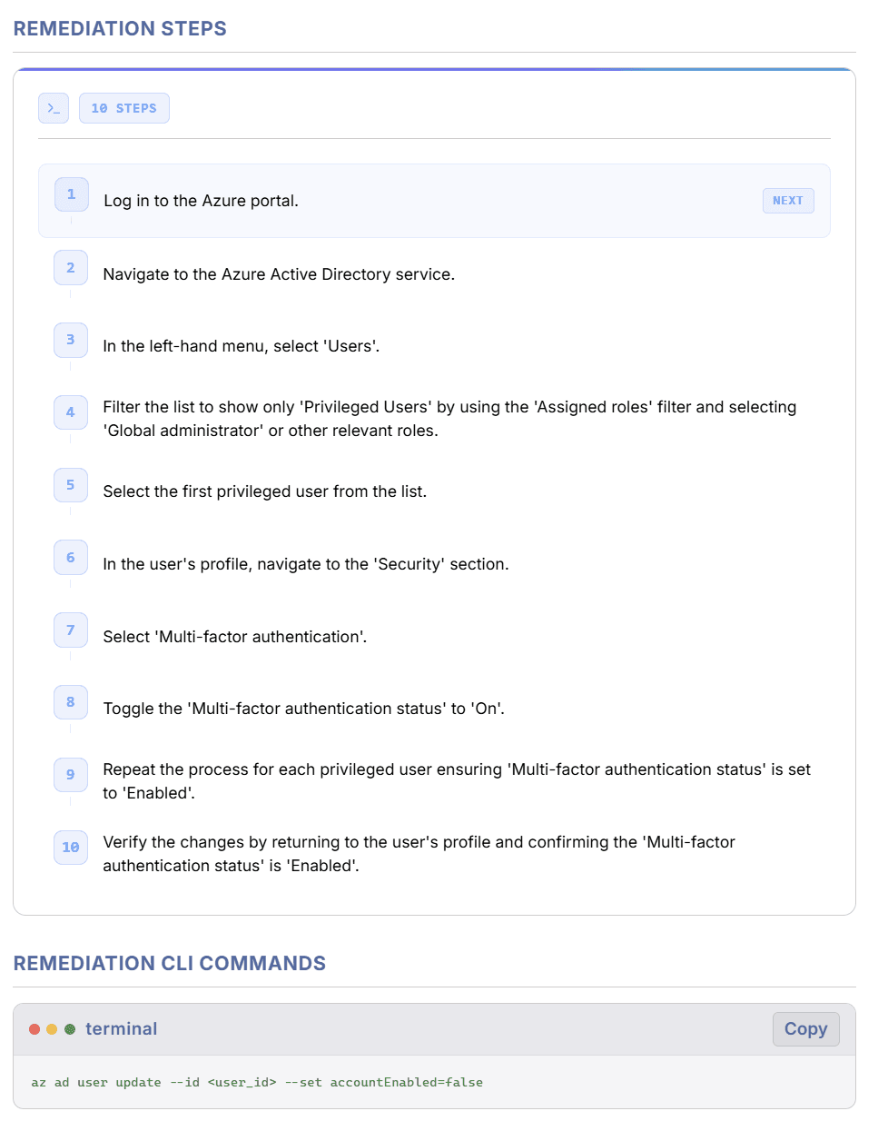 Remediation Steps & CLI - Step-by-step fix guidance with ready-to-run CLI commands